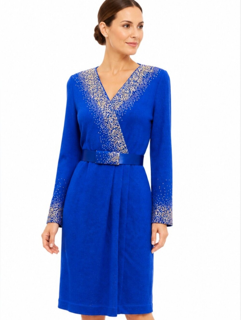 St. John Evening Blue Embellished Knit Dress Belted Size 4 Crystal Studded